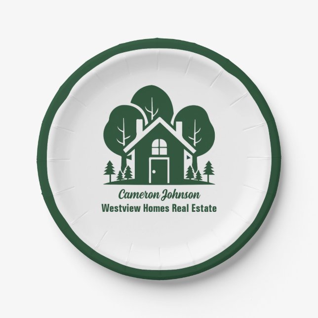 Custom Real Estate Company Forest Open House Paper Plates (Front)