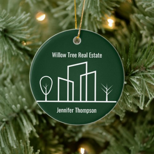 Custom Real Estate Company Green Christmas Ceramic Ornament