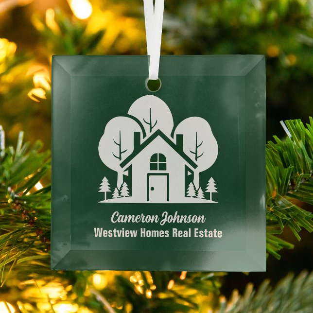 Custom Real Estate Company Green Christmas Glass Ornament (Creator Uploaded)