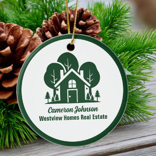 Custom Real Estate Company Green Home Christmas Ceramic Ornament