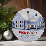 Custom Real Estate Company Winter House Christmas Ceramic Ornament<br><div class="desc">This beautiful custom real estate Christmas ornament is perfect for a realty company located up north. Gorgeous white snow lines the trees and house on this winter holiday gift. A realtor can keep Merry Christmas in red and green script or customize with their own seasons greetings.</div>