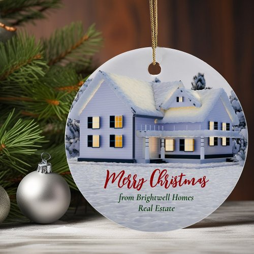 Custom Real Estate Company Winter House Christmas Ceramic Ornament