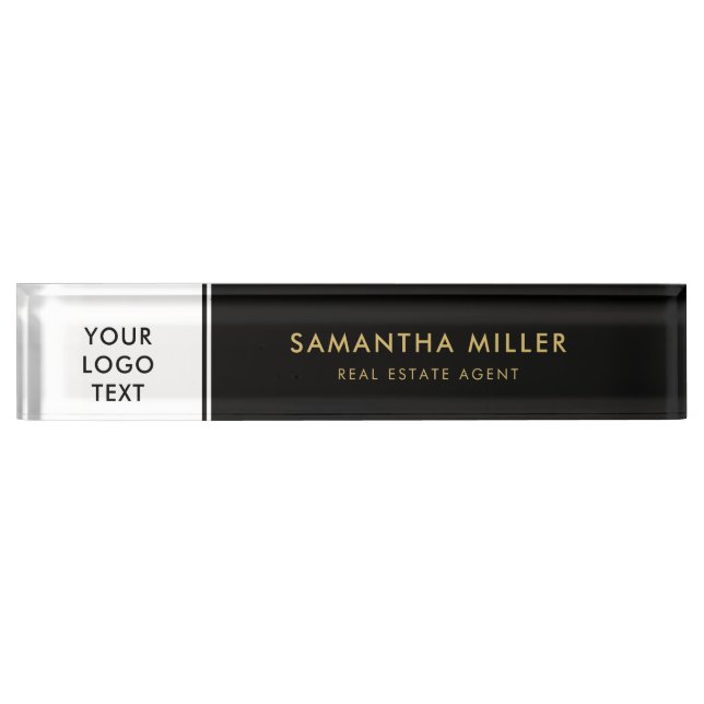 Custom Real Estate Logo White & Black Monogram Desk Name Plate (Front)