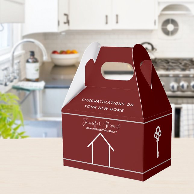 Custom Real Estate Modern Red Housewarming Realtor Favor Boxes (Creator Uploaded)