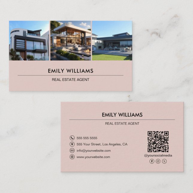 Custom Real Estate Photo QR Social Media Pink Business Card (Front/Back)
