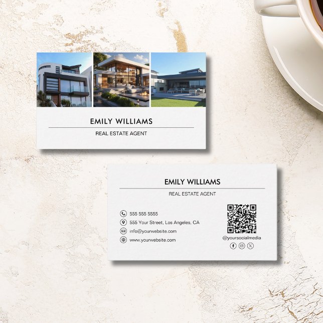 Custom Real Estate Photo QR Social Media White Business Card (Custom Real Estate Photo QR Social Media White Business Card)