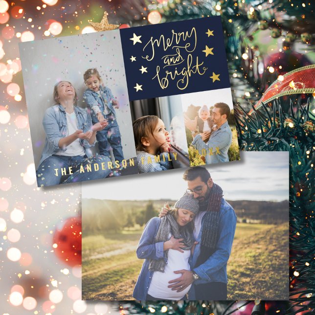 Custom Real Foil Merry and Bright Navy Christmas Foil Holiday Card (Creator Uploaded)