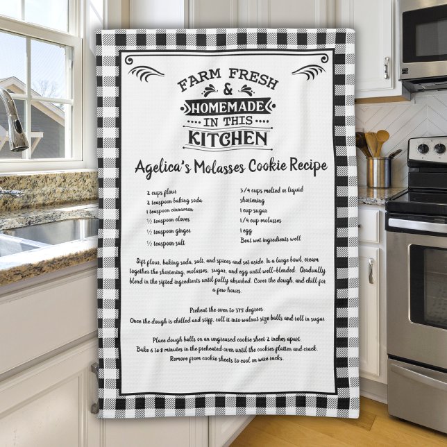 Custom Recipe Black White Farmhouse Buffalo Plaid Kitchen Towel (Creator Uploaded)