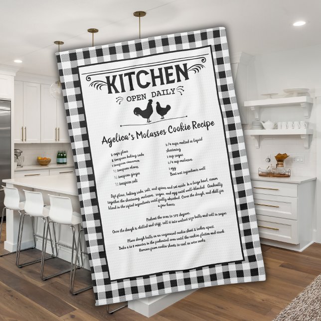 Custom Recipe Black White Farmhouse Buffalo Plaid Kitchen Towel (Creator Uploaded)