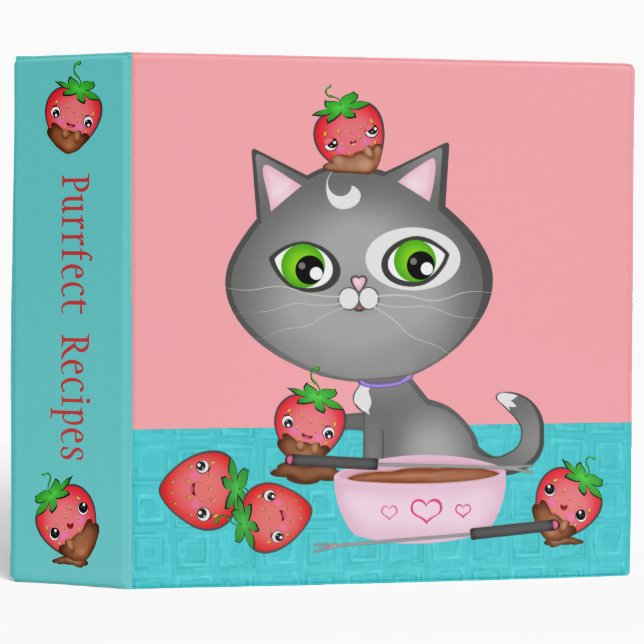 Custom Recipe Cat & Strawberry Fondue Binder (Front/Spine)