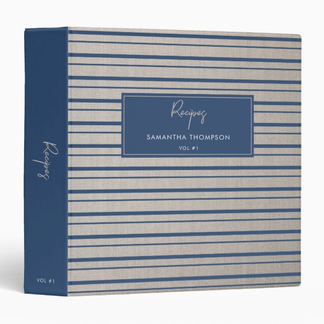 Custom Recipe Cookbook Beige Linen Blue Stripes 3 Ring Binder (Front/Spine)