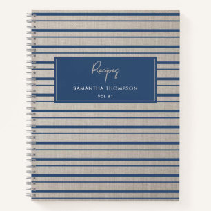 Custom Recipe Cookbook Beige Linen Blue Stripes  Notebook