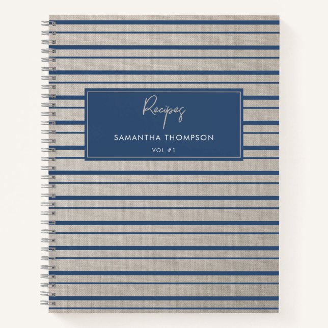 Custom Recipe Cookbook Beige Linen Blue Stripes  Notebook (Front)