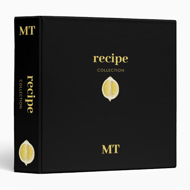 Custom Recipe Cookbook Minimalist Monogram Lemon  3 Ring Binder (Front/Spine)