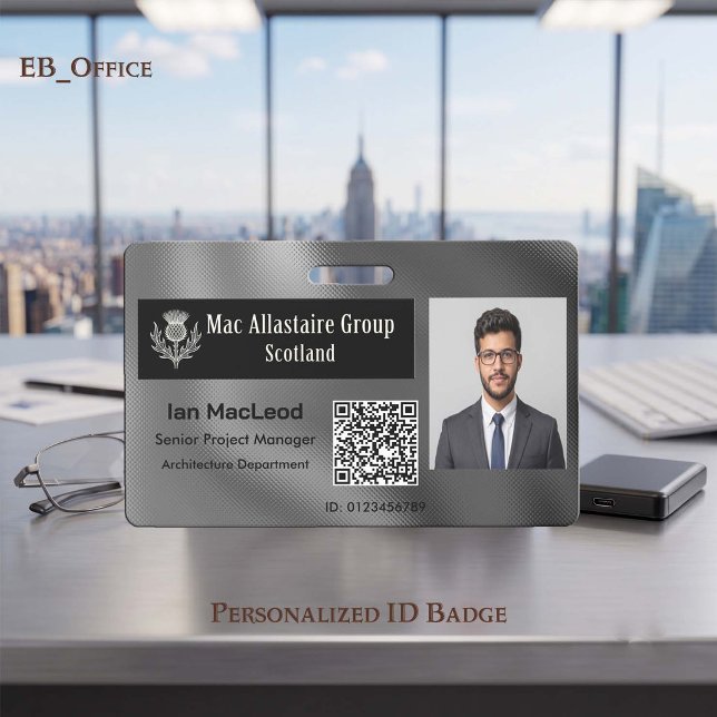 Custom Rectangle Logo Photo ID Metallic Silver Badge (Metallic Silver Custom Wide Logo Placeholder Photo ID Badge Template. Size 2.13 x 3.38 Inches)