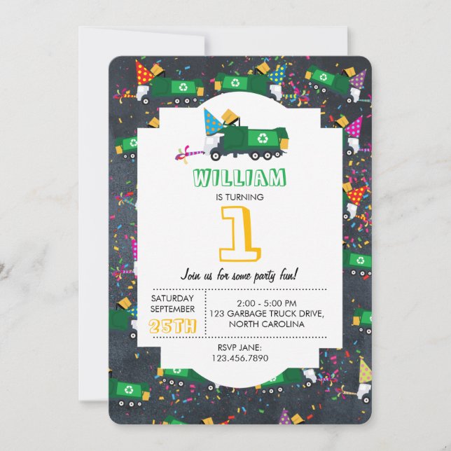 Custom Recycling Garbage Truck Birthday Party Invitation (Front)