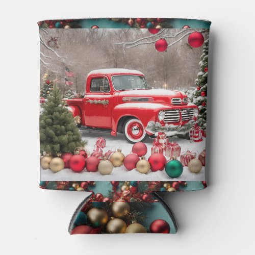 Custom Red 1950s American Christmas Pickup Truck Can Cooler