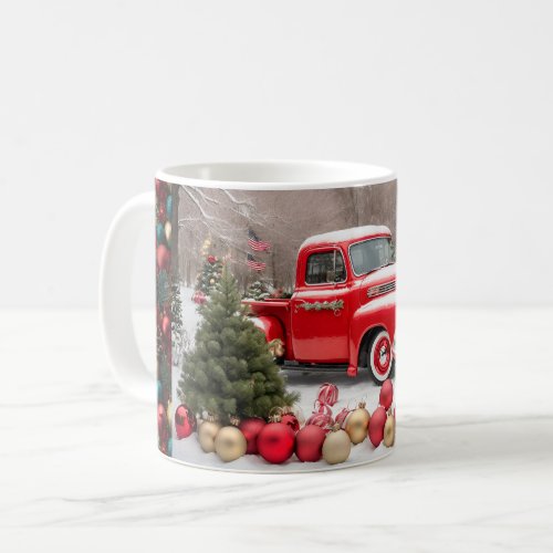 Custom Red 1950s American Christmas Pickup Truck Coffee Mug