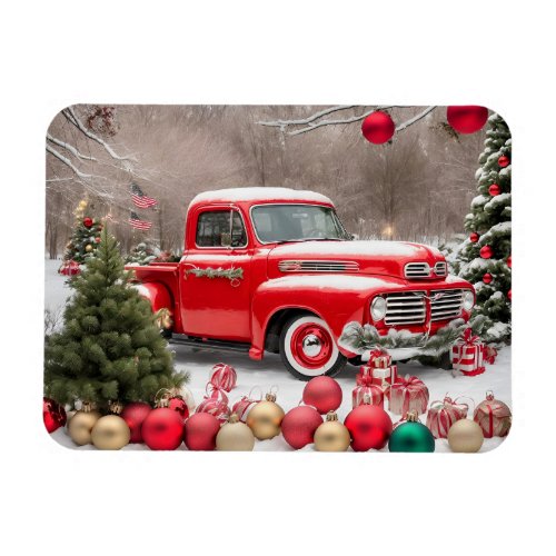 Custom Red 1950s American Christmas Pickup Truck Magnet