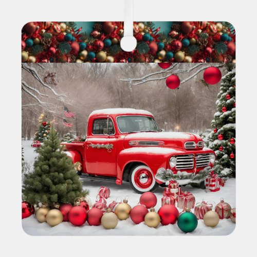Custom Red 1950s American Christmas Pickup Truck Metal Ornament