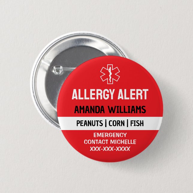 Custom Red Allergy Alert Emergency Button (Front & Back)