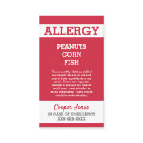 Custom Red Allergy Alert Restaurant Emergency Calling Card