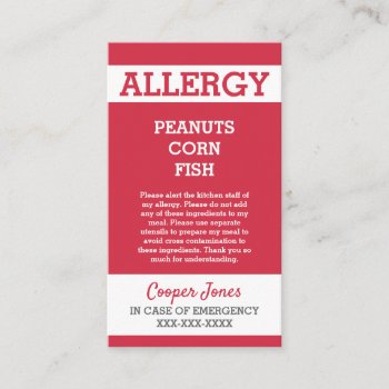 Custom Red Allergy Alert Restaurant Emergency Calling Card by LilAllergyAdvocates at Zazzle