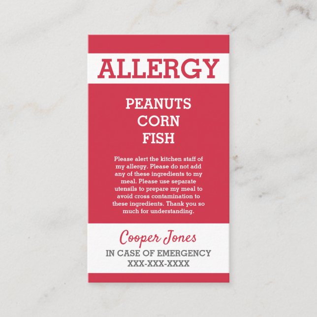 Custom Red Allergy Alert Restaurant Emergency Calling Card (Front)