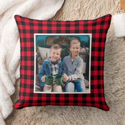 Custom Red and Black Buffalo Plaid Holiday Photo Throw Pillow