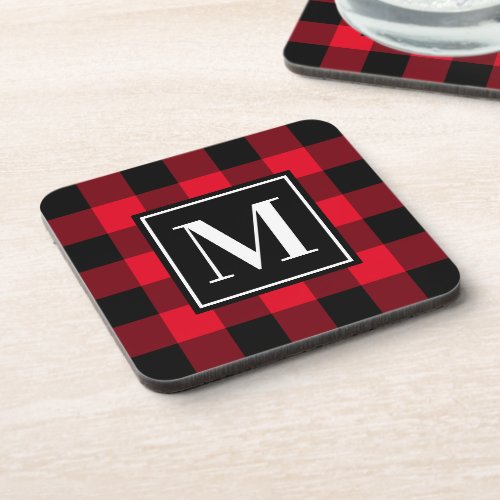 Custom Red and Black Buffalo Plaid Monogram Beverage Coaster