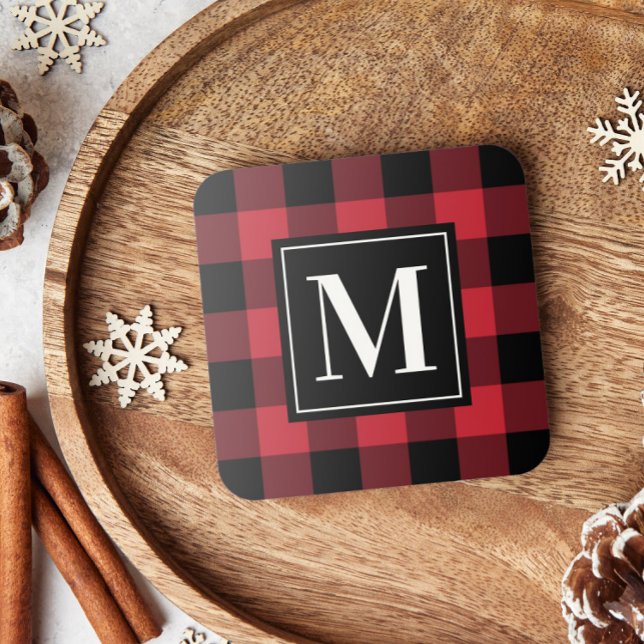 Custom Red and Black Buffalo Plaid Monogram Beverage Coaster (Creator Uploaded)