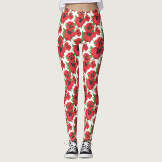 Custom Red and Black Oriental Poppies on White Leggings