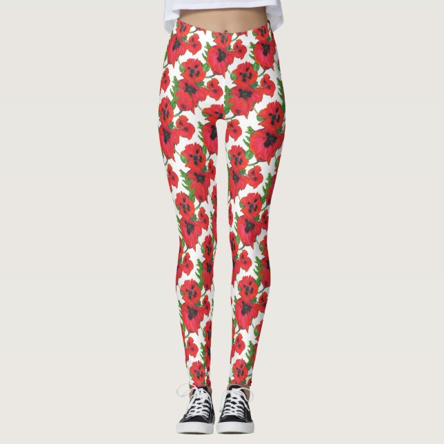 Custom Red and Black Oriental Poppies on White Leggings (Front)