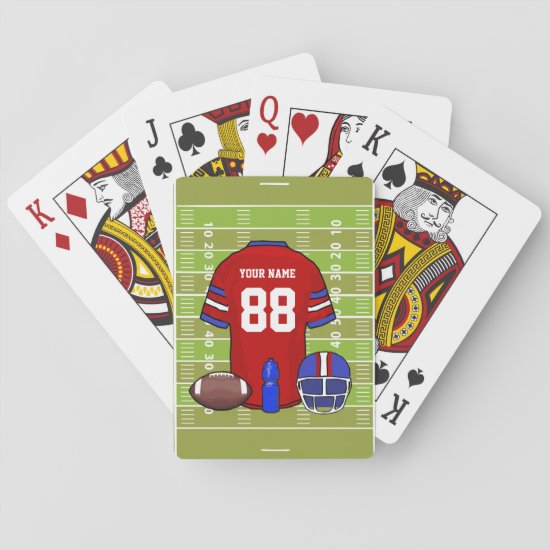 Custom Red and Blue Football Jersey on Field Playing Cards