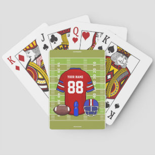 Custom Red and Blue Football Jersey on Field Poker Cards