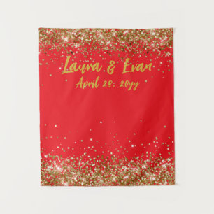 Custom Red and Gold Glitter Wedding Photo Booth Tapestry