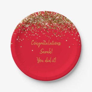 Custom Red and Gold Graduation Party Glitter Her Paper Plates