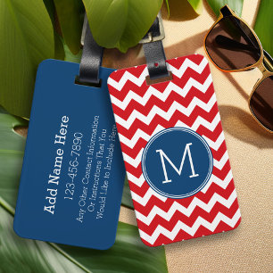 Custom Red and Navy Blue Chevron Pattern Monogram Luggage Tag