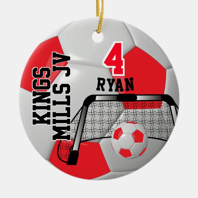 Custom Red and White Personalize Soccer Ball Ceramic Ornament (Front)