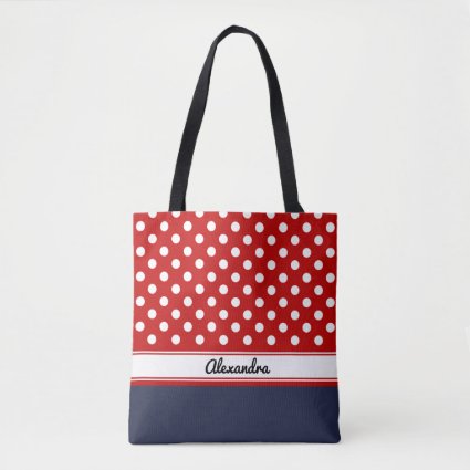 Custom Red and White Polka Dots with Navy Base Tote Bag