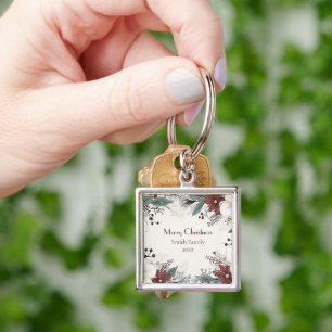 Custom Red And White Watercolour floral Christmas Keychain