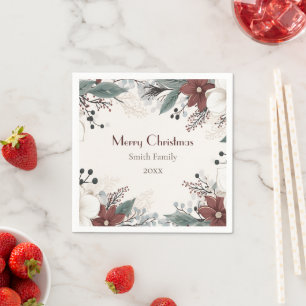 Custom Red And White Watercolour floral Christmas Napkins