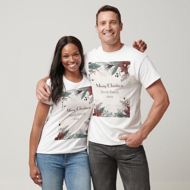 Custom Red And White Watercolour floral Christmas T-Shirt (Unisex)