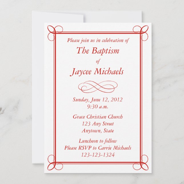 Custom Red Baptism Invitation or Other Event (Front)