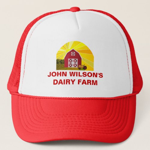 Custom Red Barn Yellow Sunrise Farm Companys Name Trucker Hat