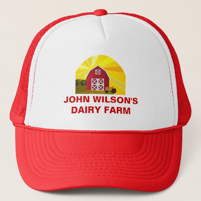 Custom Red Barn Yellow Sunrise Farm Company's Name Trucker Hat (Front)