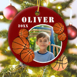 Custom Red Basketball Ball Sports Photo Ceramic Ornament<br><div class="desc">Custom Red Basketball Ball Sports Photo Ceramic Ornament. Ornament with basketball balls,  a custom name and a photo in a round frame.</div>