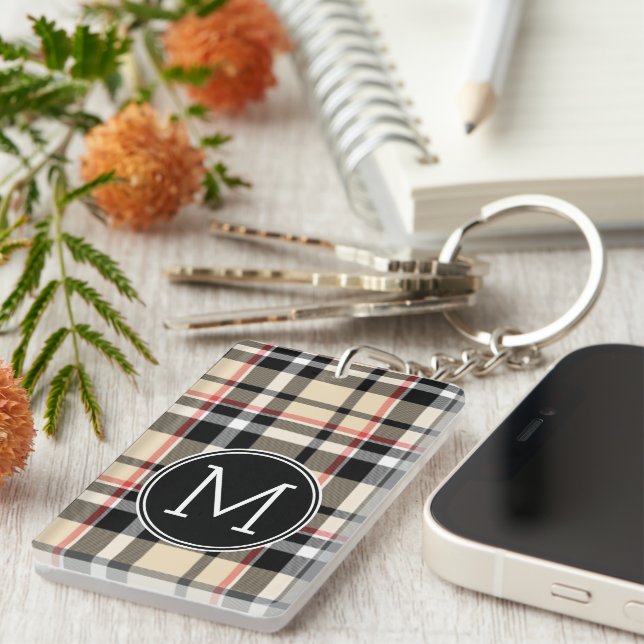 Custom Red Beige Black White Squares Plaid Pattern Keychain (Front Right)