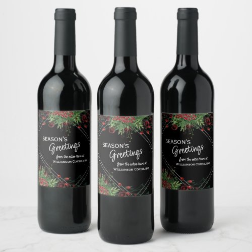 Custom Red Berries Green Holly Botanical Foliage Wine Label