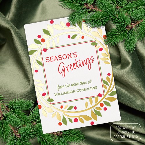 Custom Red Berries Green Holly Foliage Gold Foil Holiday Card